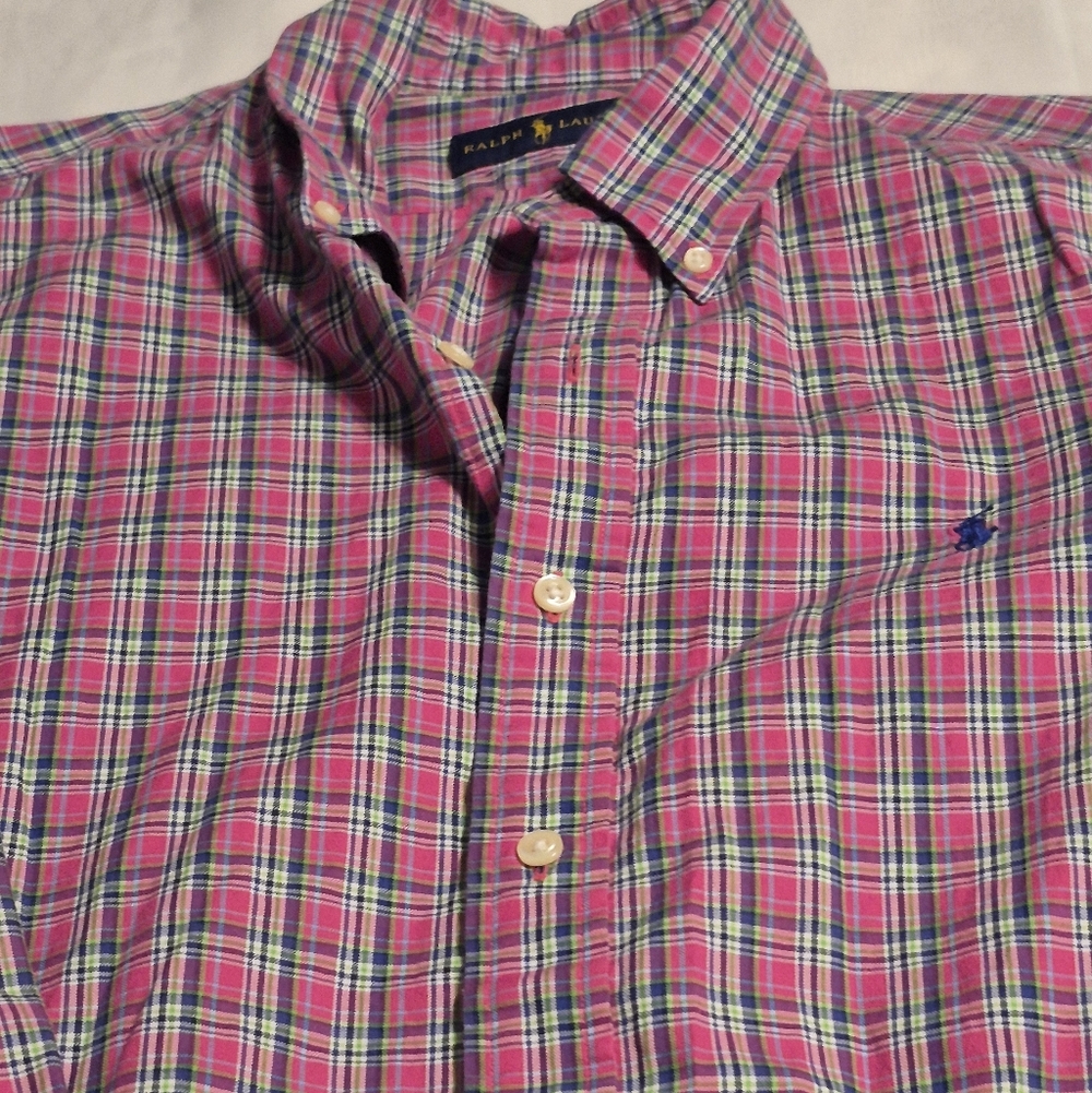 CLASSIC Ralph Lauren Pink and Blue BUTTON DOWN Plaid Shirt. SIZE LARGE